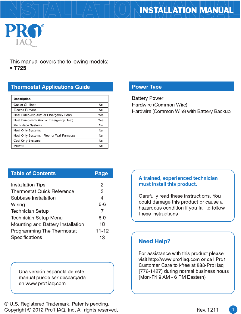 Pro1 IAQ T725 Thermostat Installation manual PDF View/Download