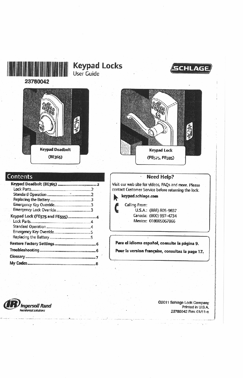 Schlage FE575 Locks Operation & user’s manual PDF View/Download