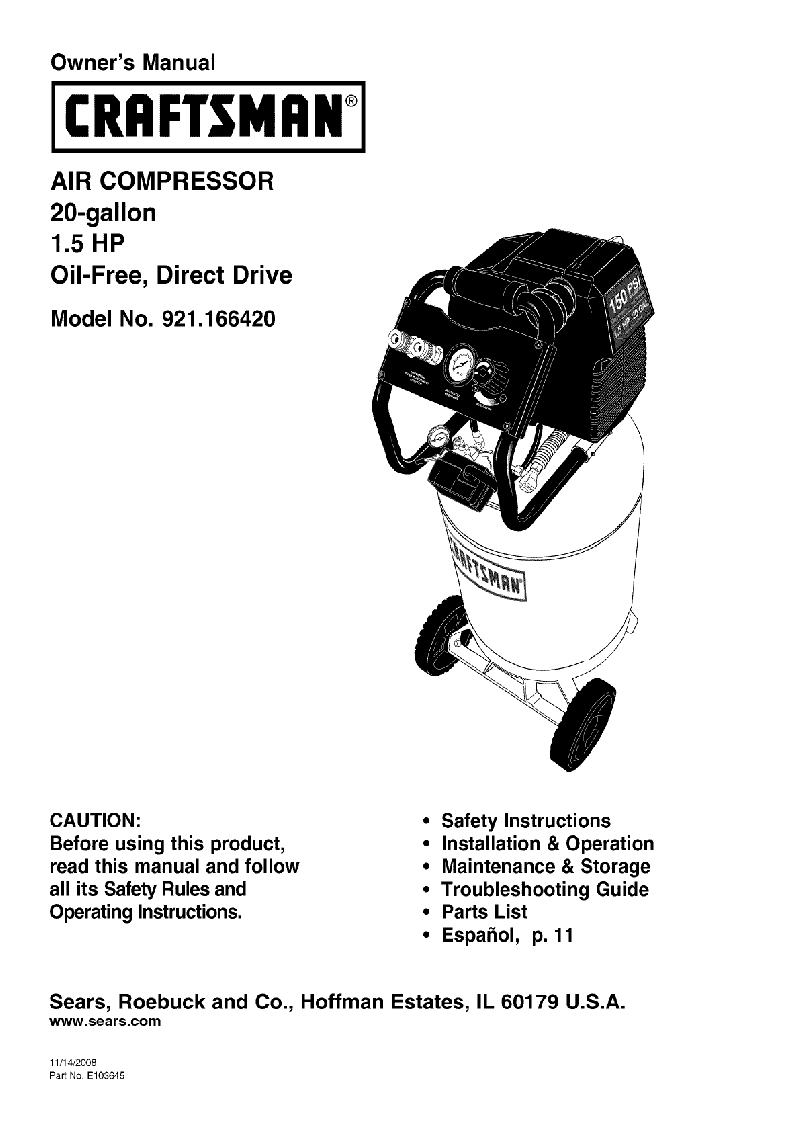 Craftsman 921.166420 Air Compressor Owner's manual PDF View/Download