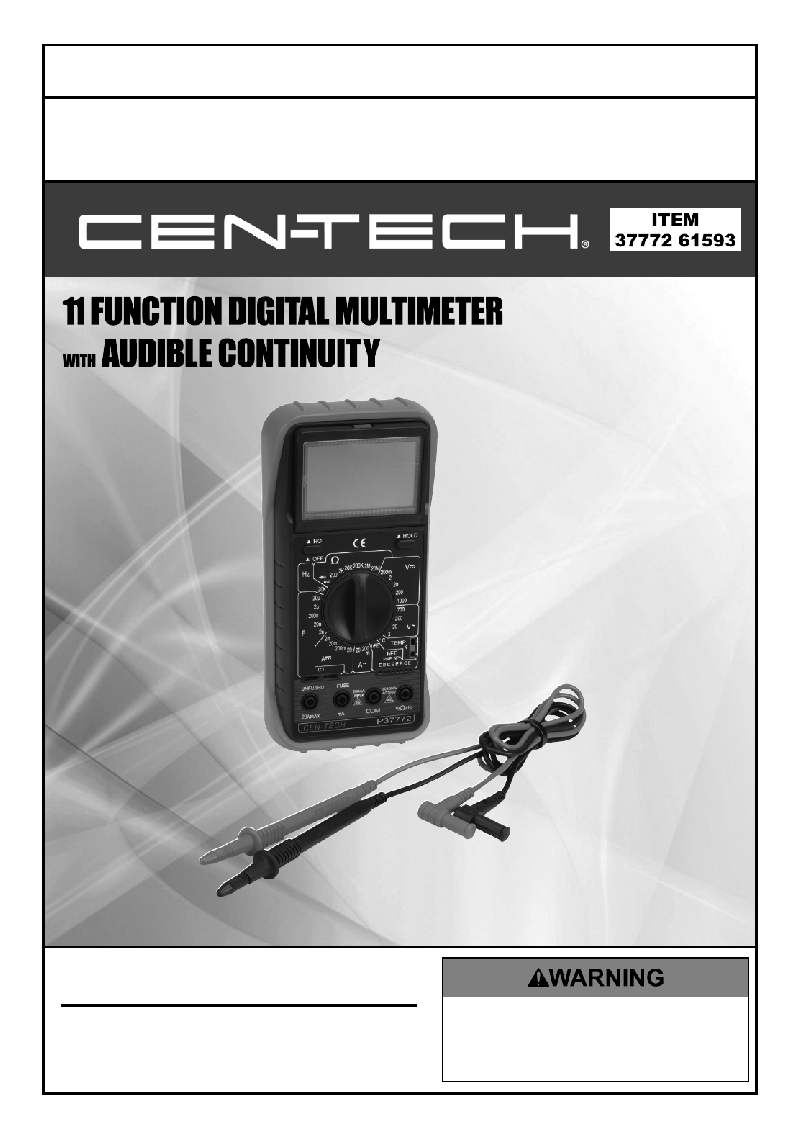 CEN-TECH 37772 Multimeter Owner's manual and safety instructions PDF