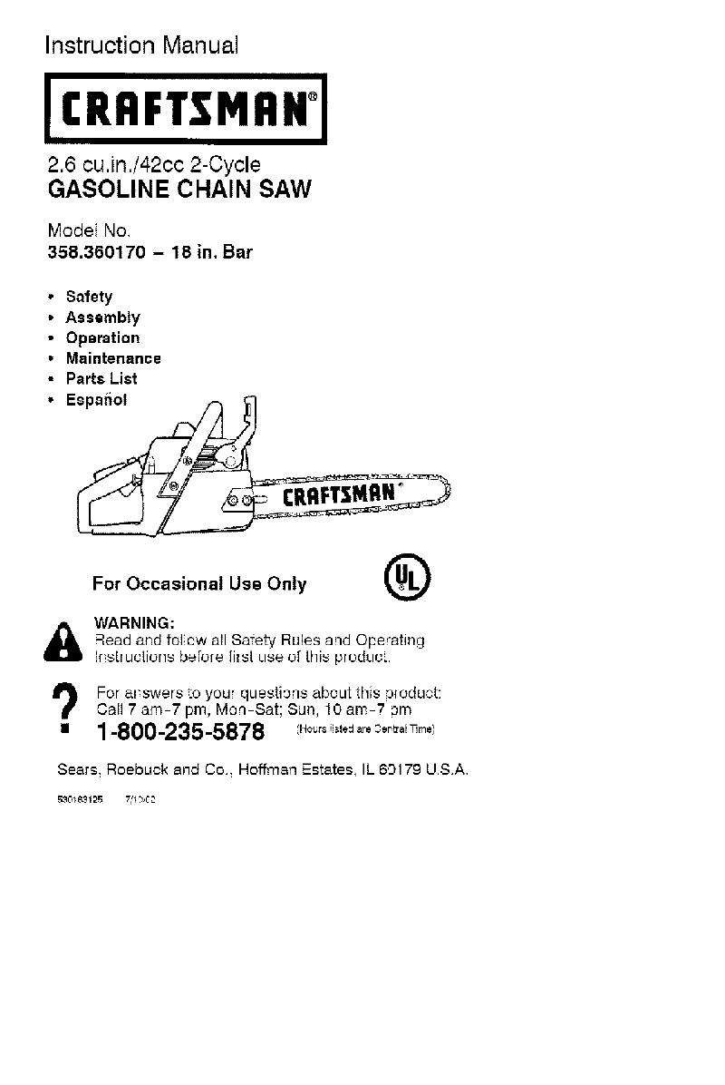 Craftsman Chainsaw Model 358 Manual