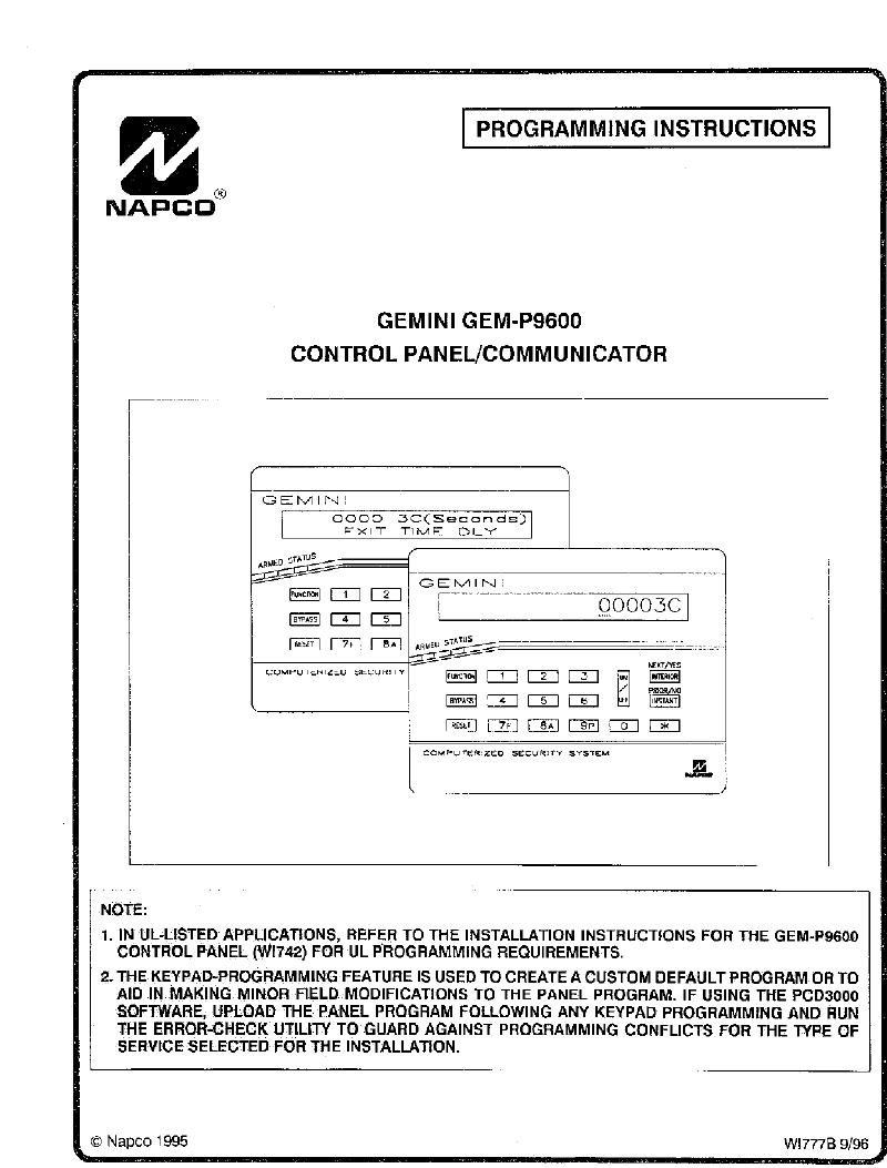 NAPCO Gemini GEM-P9600 Security System Programming instructions manual