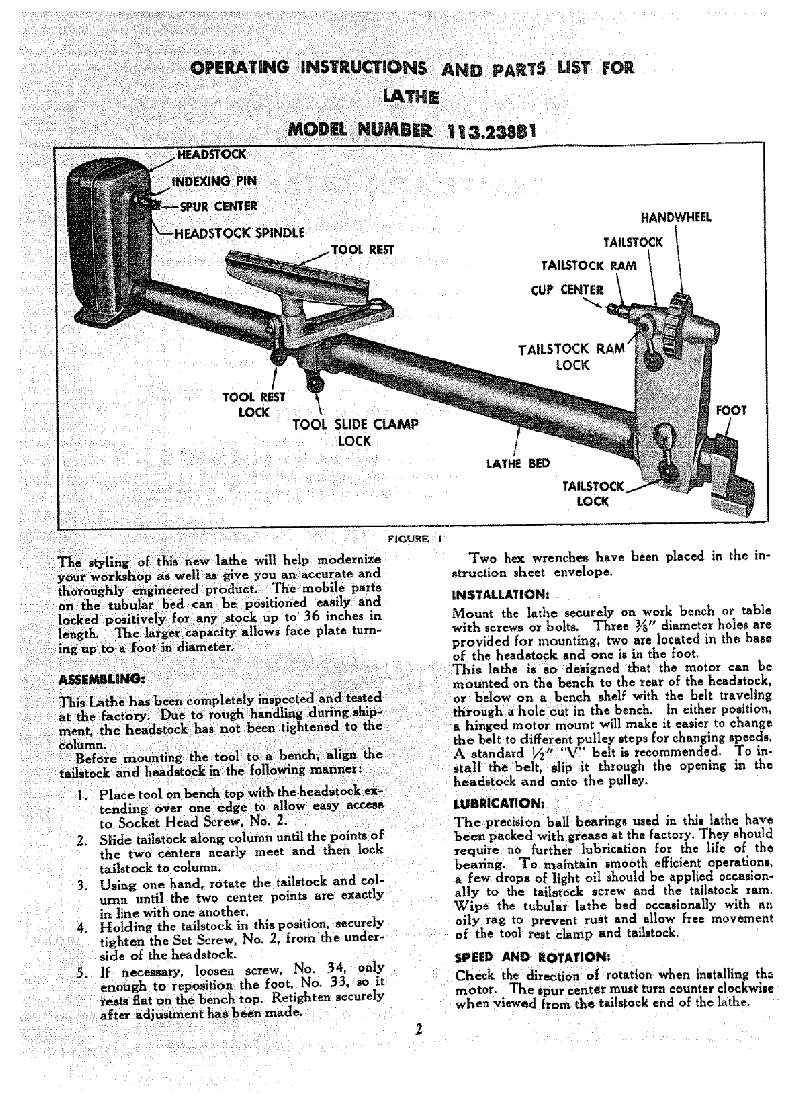 Craftsman 113.23881 Lathe Operating instructions and parts list manual ...