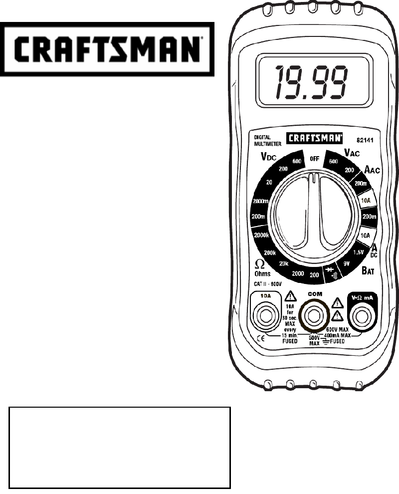 Craftsman 82141 Multimeter Owner's manual PDF View/Download