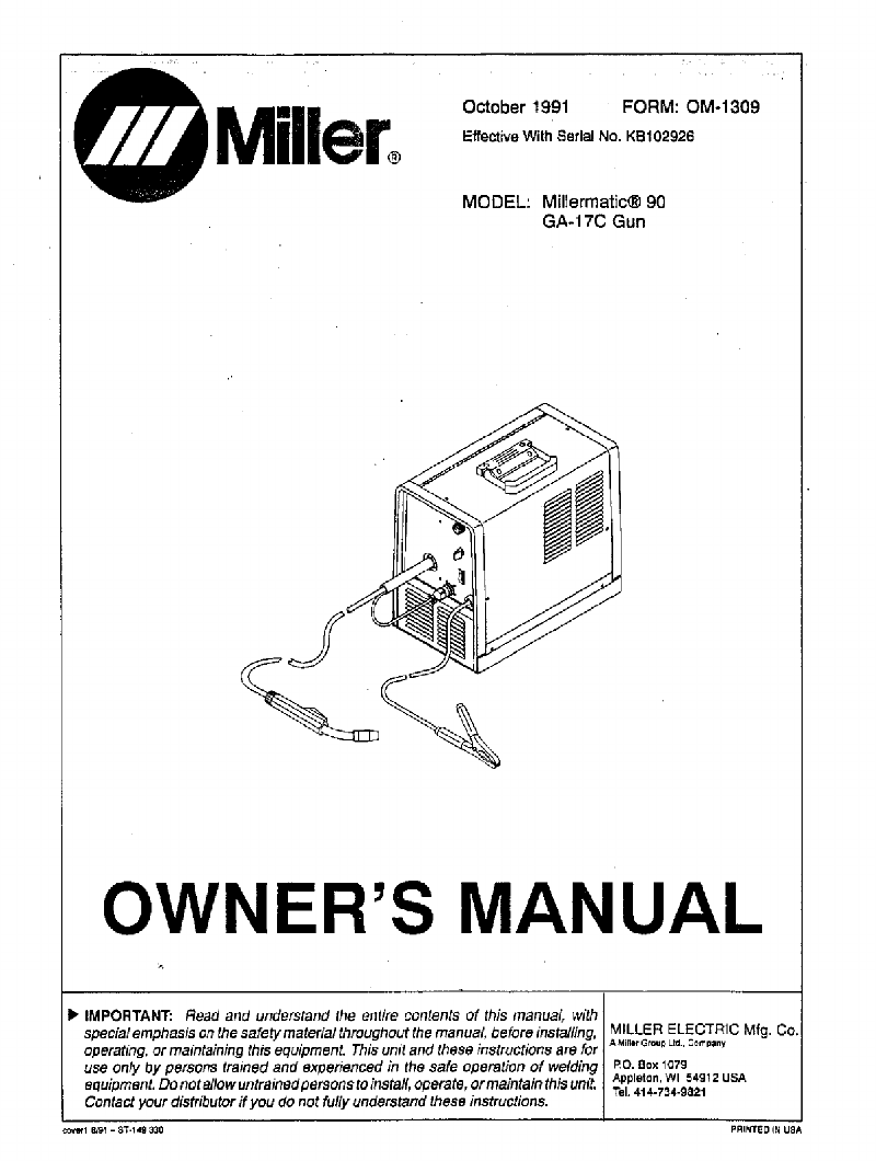 Miller Millermatic 90 GA-17C Gun Welding System Owner's manual PDF View