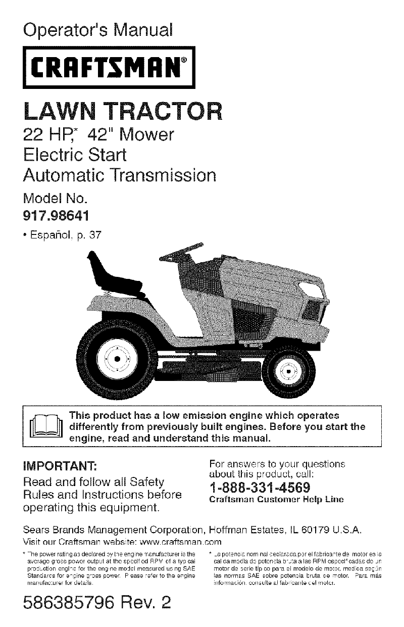 Craftsman 917.986410 Lawn Mower Operator's manual PDF View/Download