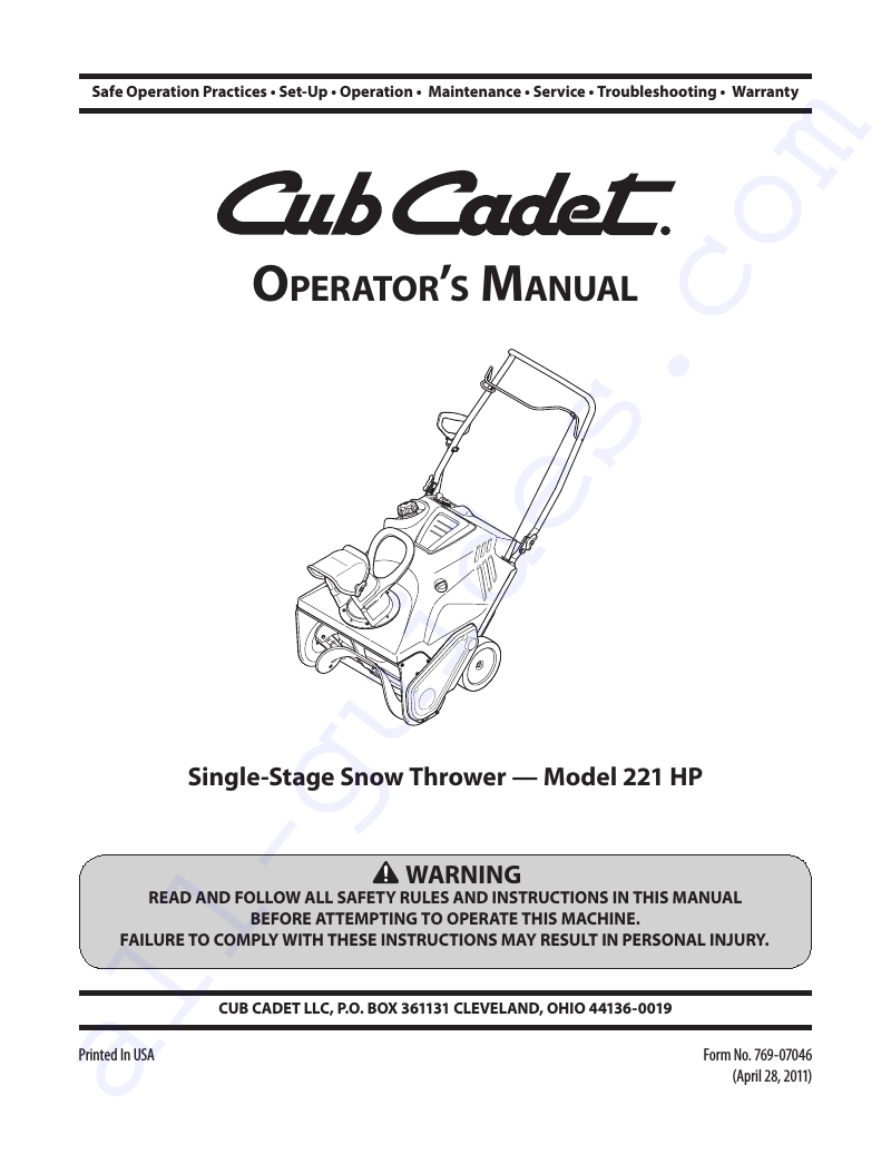 Cub Cadet Snowblower Parts Manual