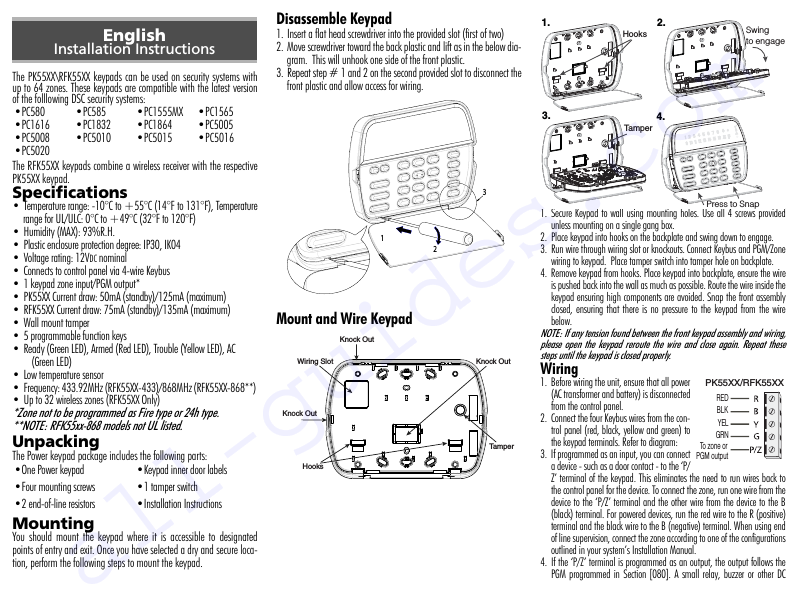 DSC PK5500 Security System Installation instructions manual PDF View