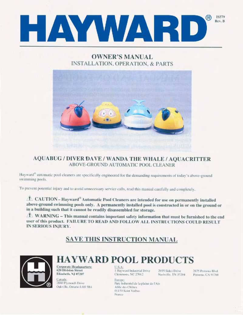 Hayward Aquabug Swimming Pool Vacuum Owner's manual PDF View/Download