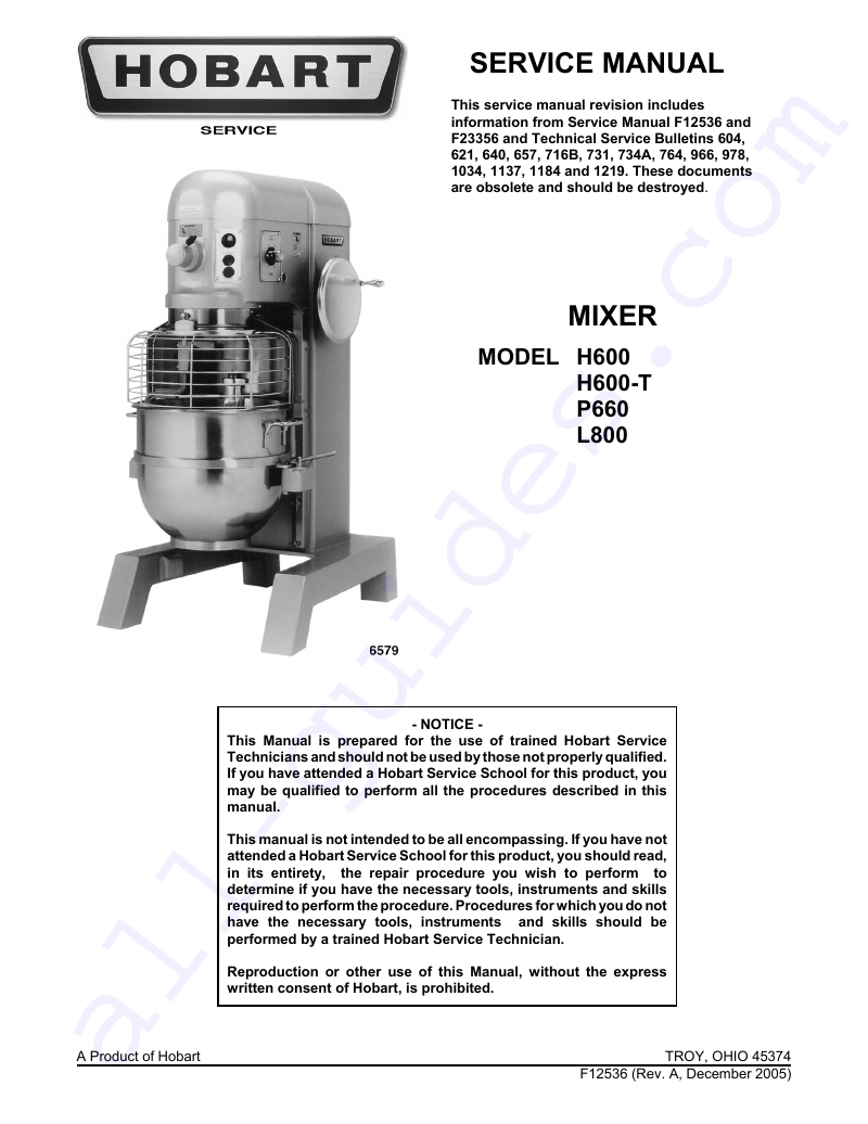 Hobart H-600 Oven Service manual PDF View/Download