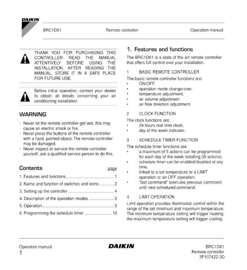 Daikin BRC1D61 Air Conditioner Operating manual PDF View/Download, Page 4