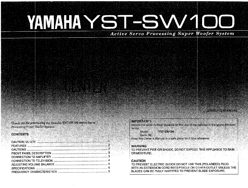 Yamaha YST-SW100 Subwoofer Owner's manual PDF View/Download