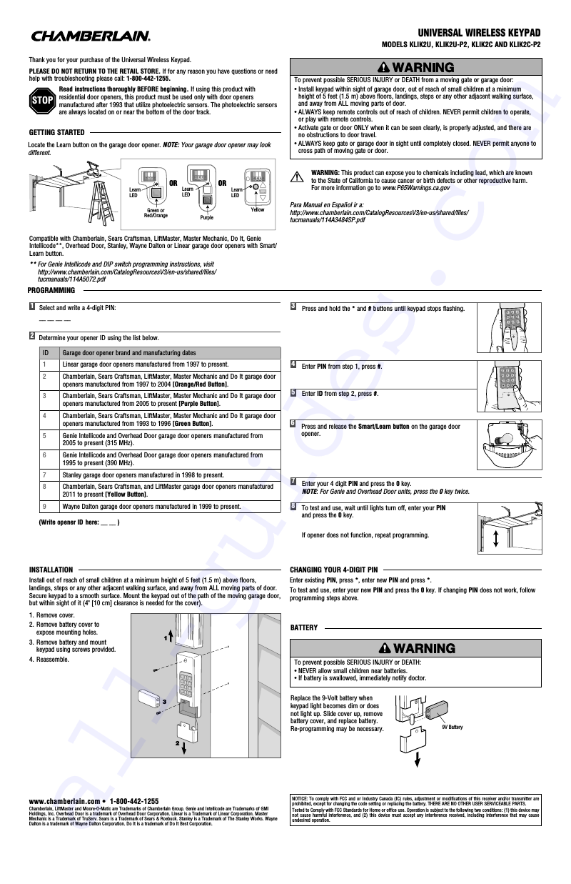 Chamberlain KLIK2C Keypad Manual PDF View/Download