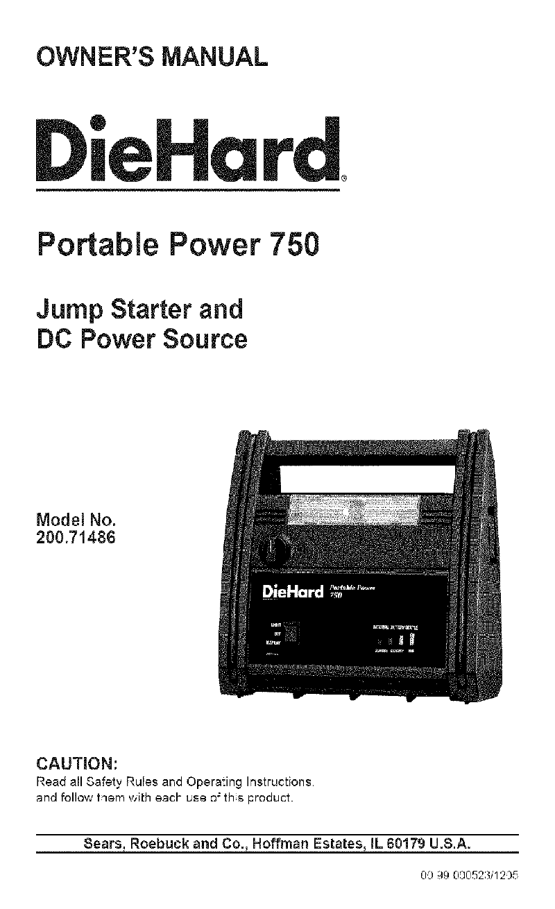 DieHard Portable power 750 200.71486 Battery Charger Owner's manual PDF