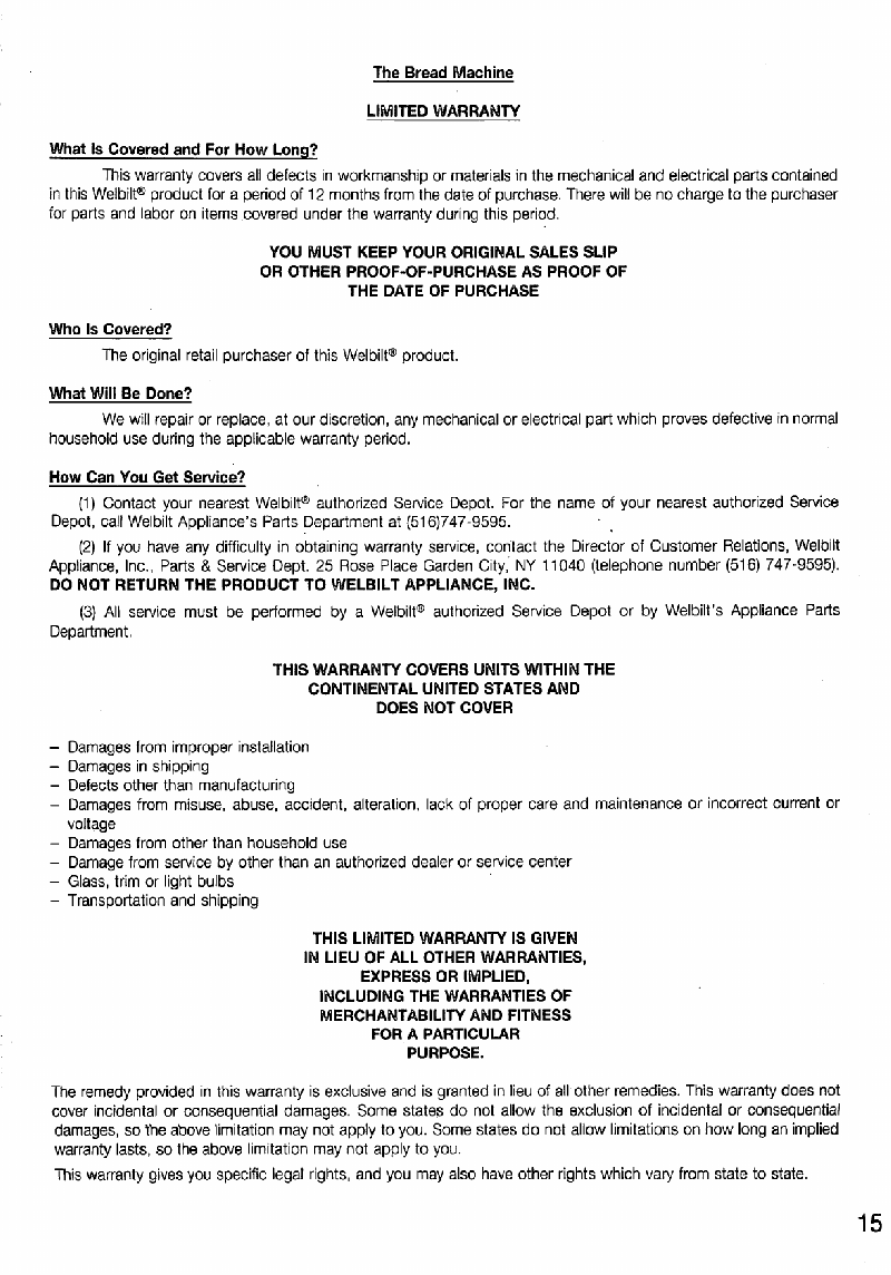 Welbilt ABM-100-3 Bread Maker Owner's manual PDF View/Download, Page # 15