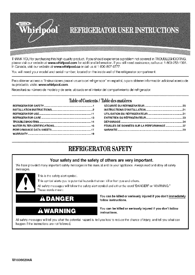 Whirlpool EB9SHKXVQ04 Refrigerator User instructions PDF View/Download