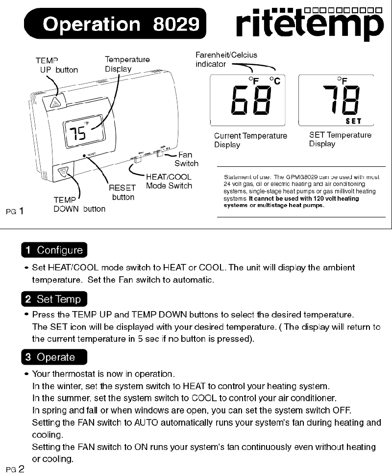ritetemp 8029 Thermostat Operation PDF View/Download