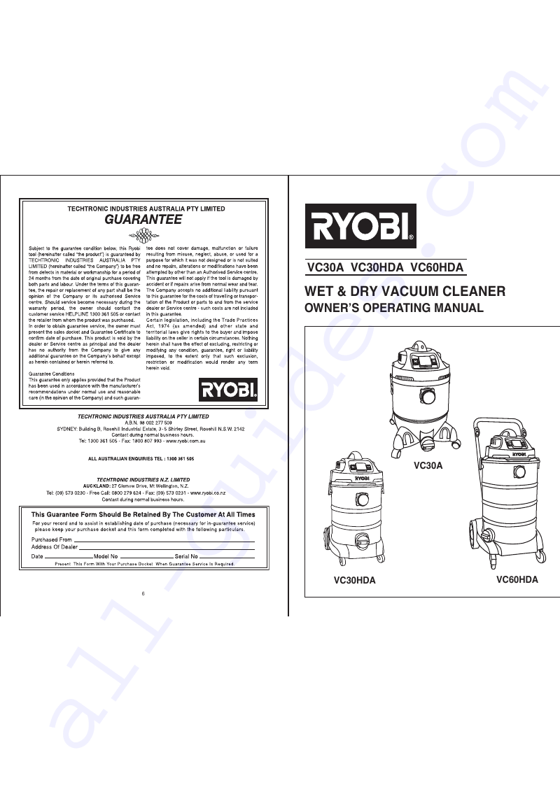 Ryobi VC30A Vacuum Cleaner Owner's operating manual PDF View/Download