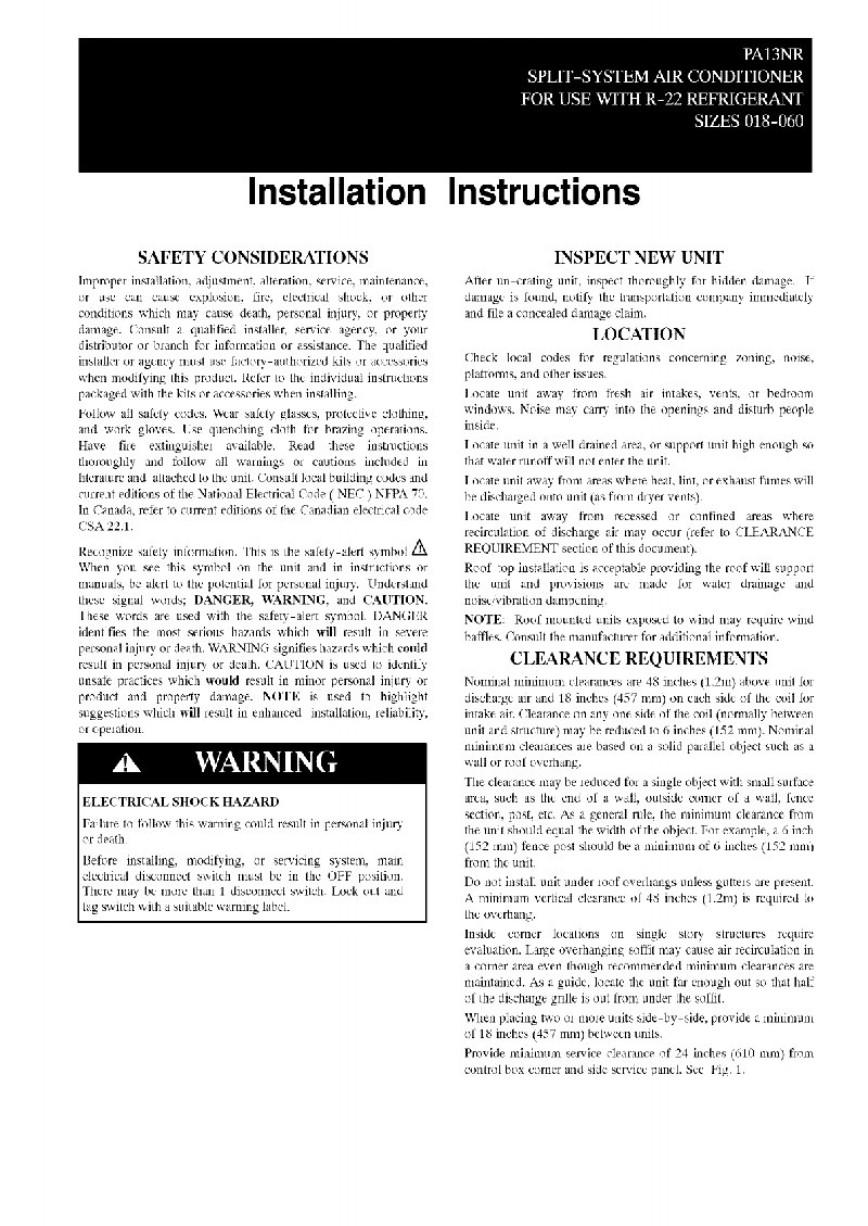 Payne PA13NR018 Air Conditioner Installation instructions manual PDF