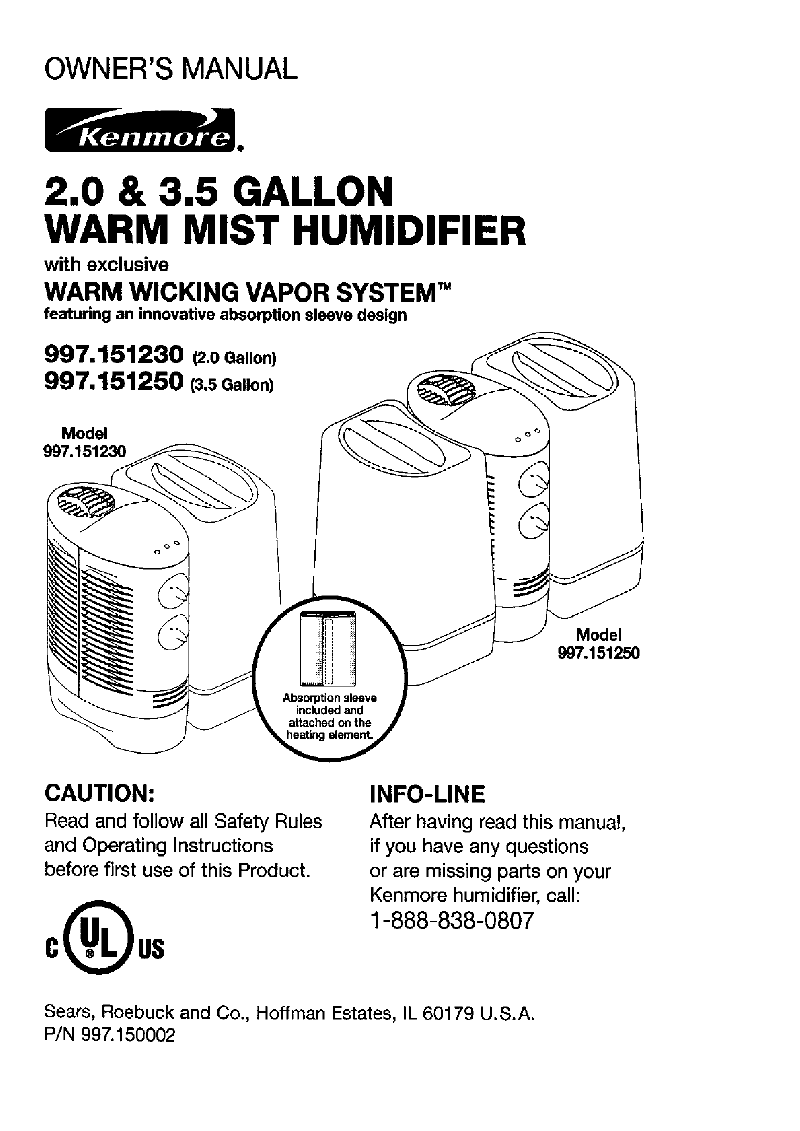 Kenmore 2.0 & 3.5 gallon warm mist humidifier 997.151230 Humidifier
