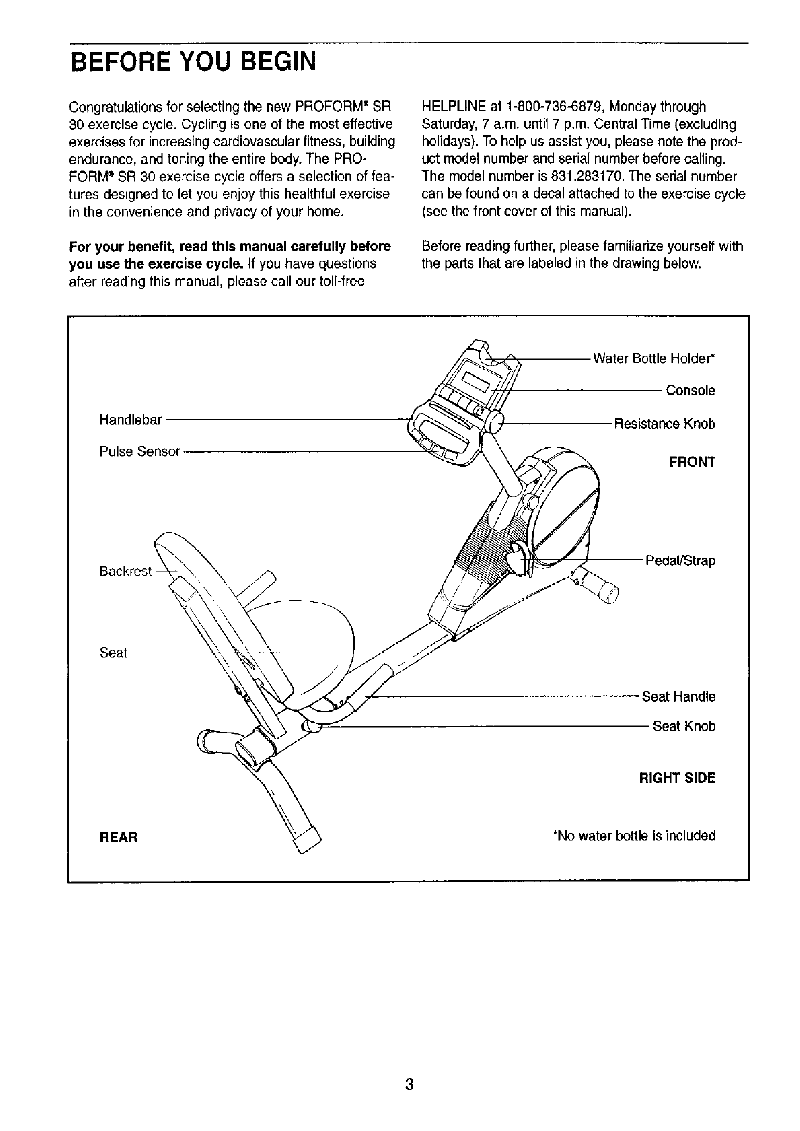 ProForm SR 30 Exercise Bike Operation & user’s manual PDF View/Download