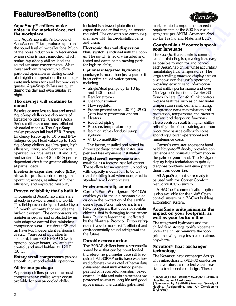 Carrier Aquasnap 30RAP010 Chiller Product data PDF View/Download, Page # 2