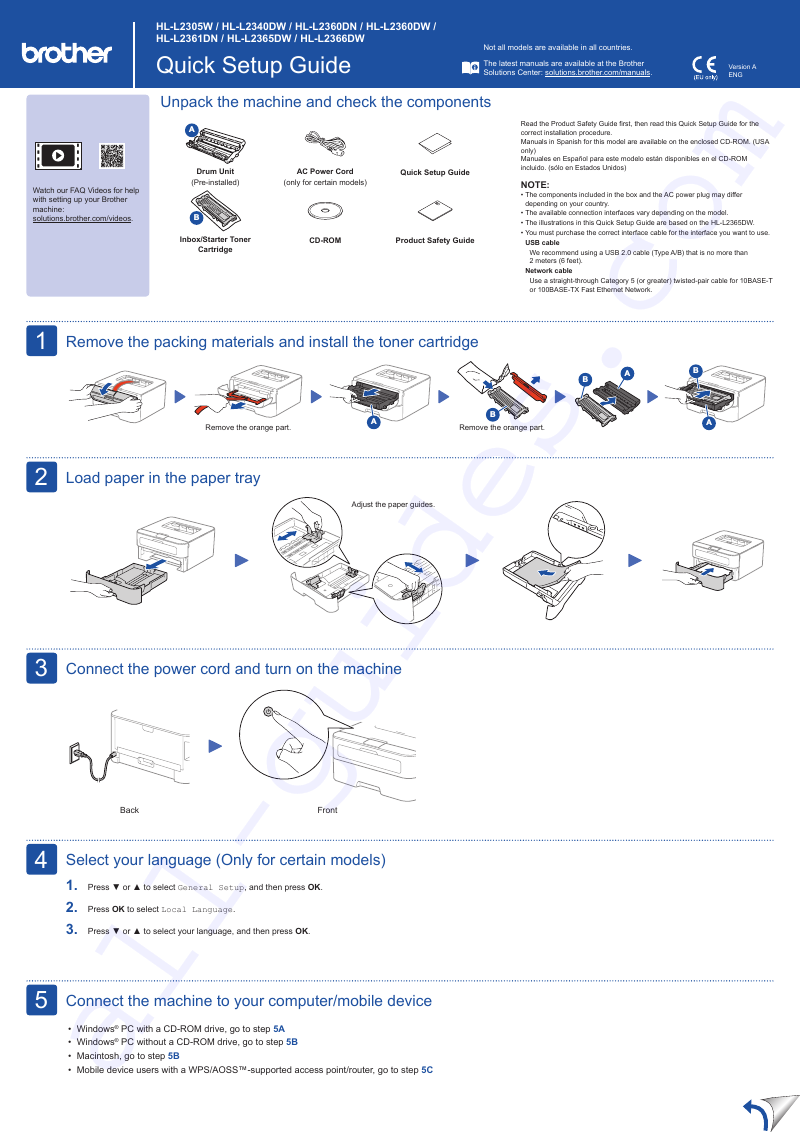Brother HL-L2305W Printer Quick setup manual PDF View/Download