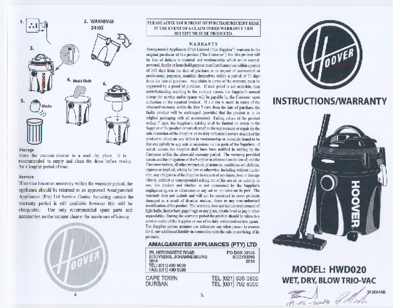 Hoover HWD020 Vacuum Cleaner Instructions PDF View/Download