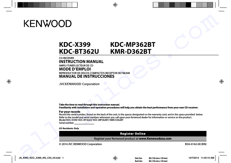 Kenwood KDC-BT362U Receiver Instruction manual PDF View/Download