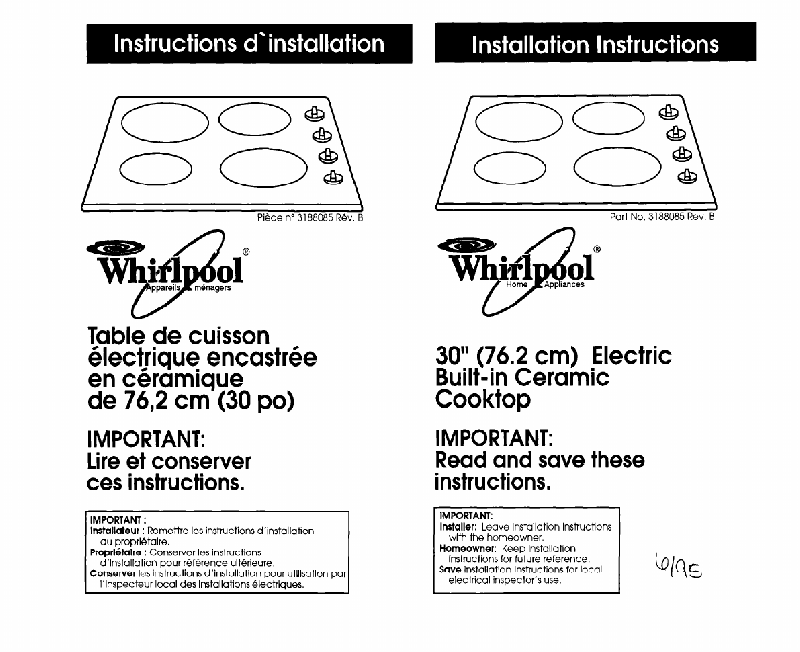 Whirlpool 30” (76.2 cm) Electric Builtin Ceramic Cooktop Cooktop