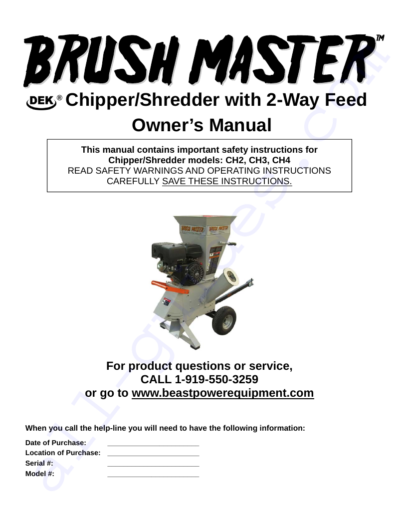 Brush Master CH2 Chipper Owner's manual PDF View/Download