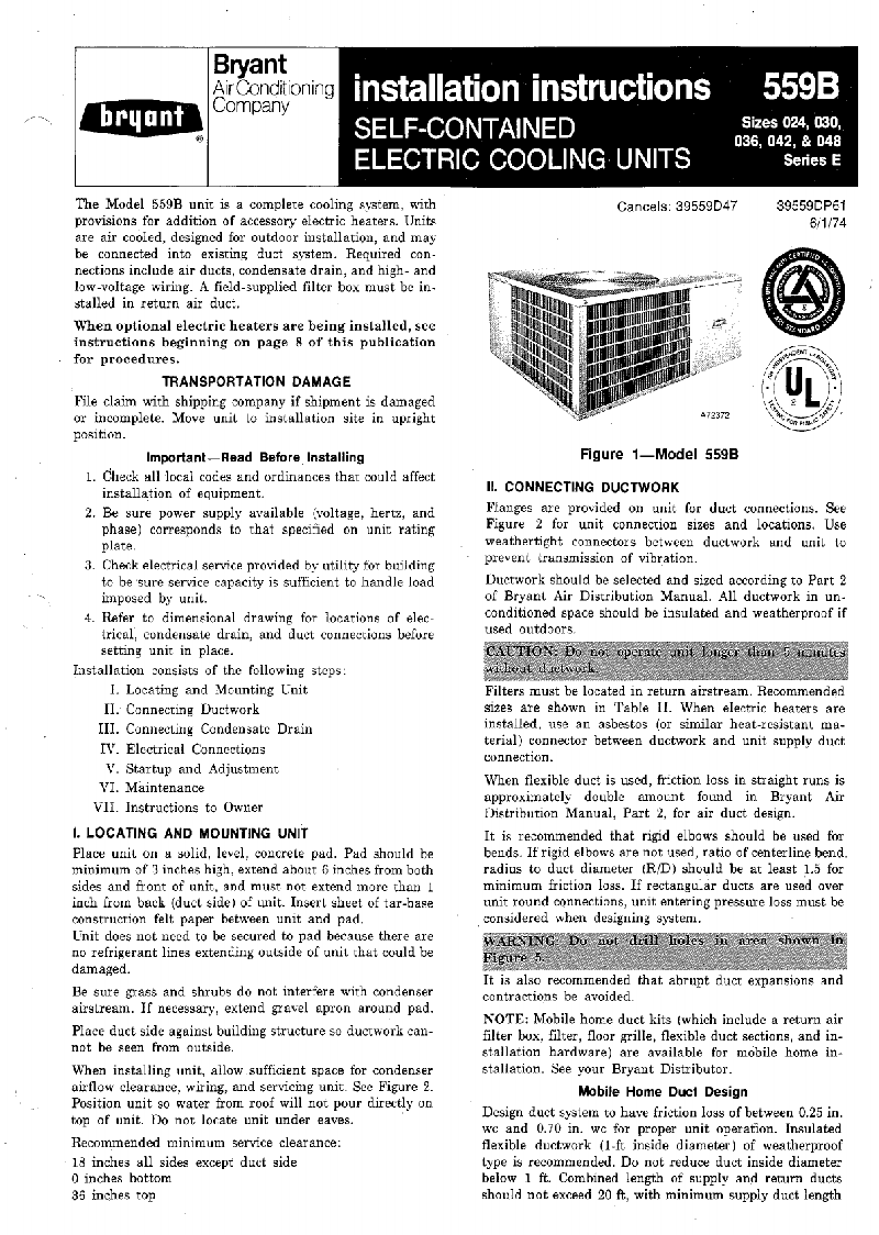 Bryant 559B Air Conditioner Installation Instructions Manual PDF View ...