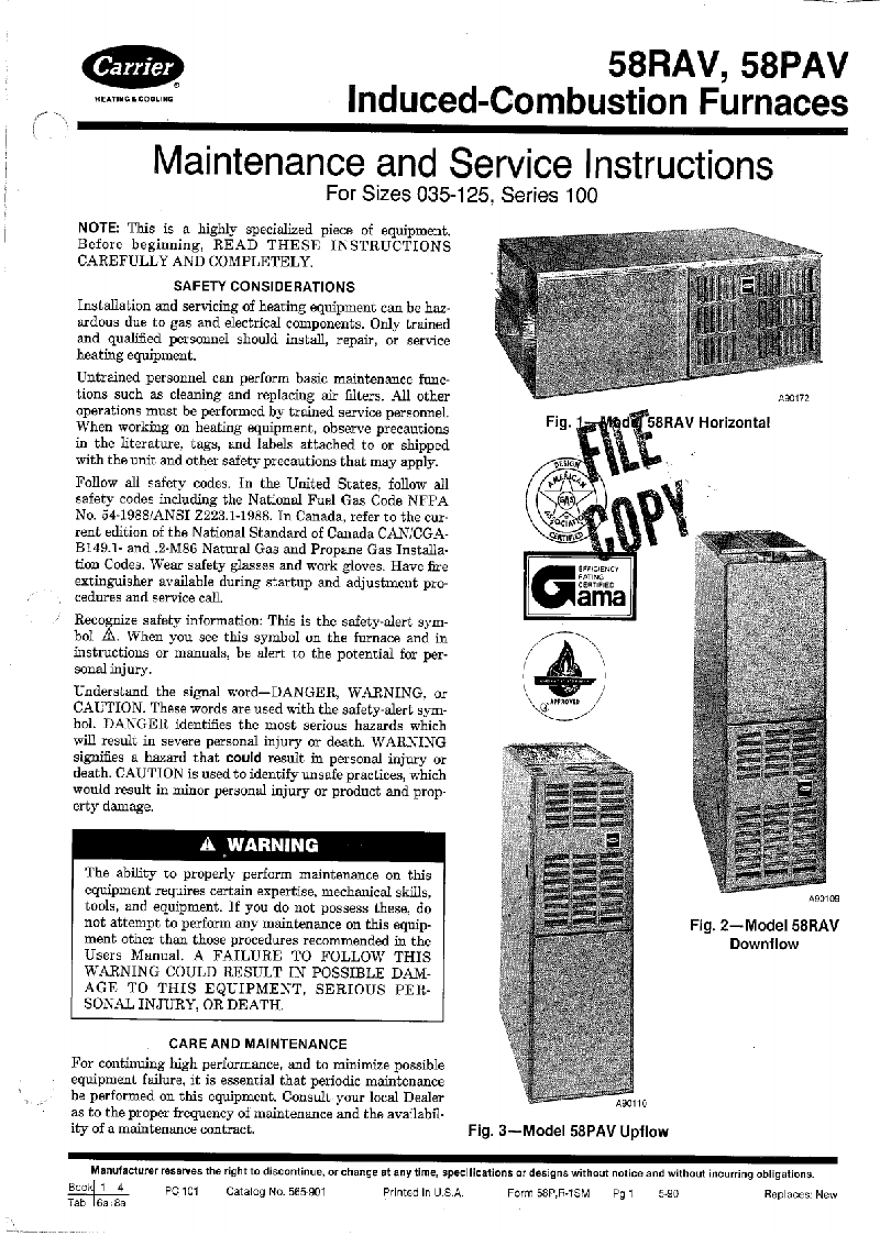 Carrier 58PAV Furnace Maintenance and service instructions PDF View