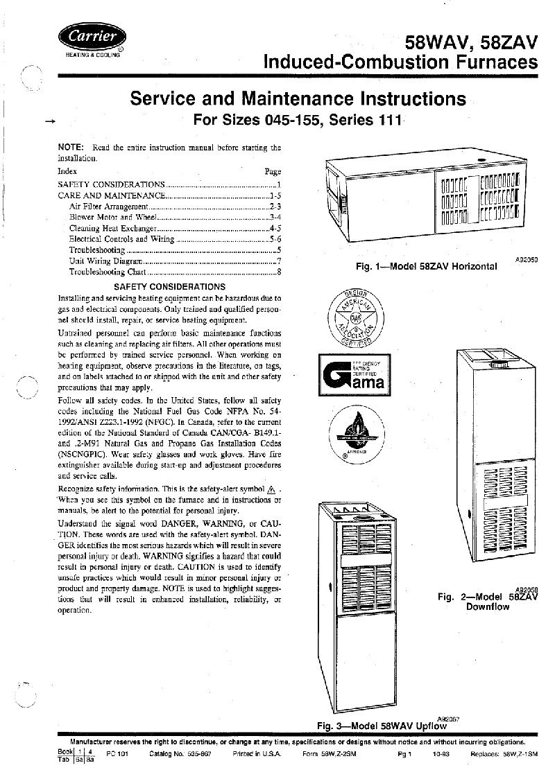 Carrier 58WAV Furnace Service and maintenance instruction PDF View/Download