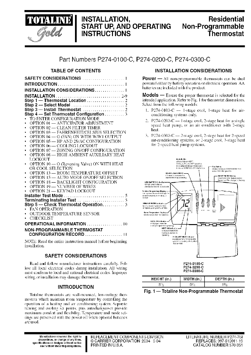 Carrier TOTALINE Gold P2740100C Thermostat Installation, startup