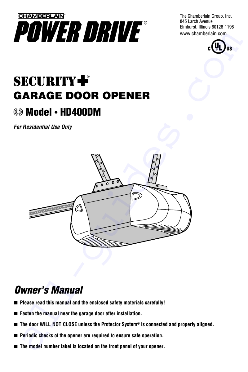 Chamberlain HD400DM Garage Door Opener Owner's manual PDF View/Download